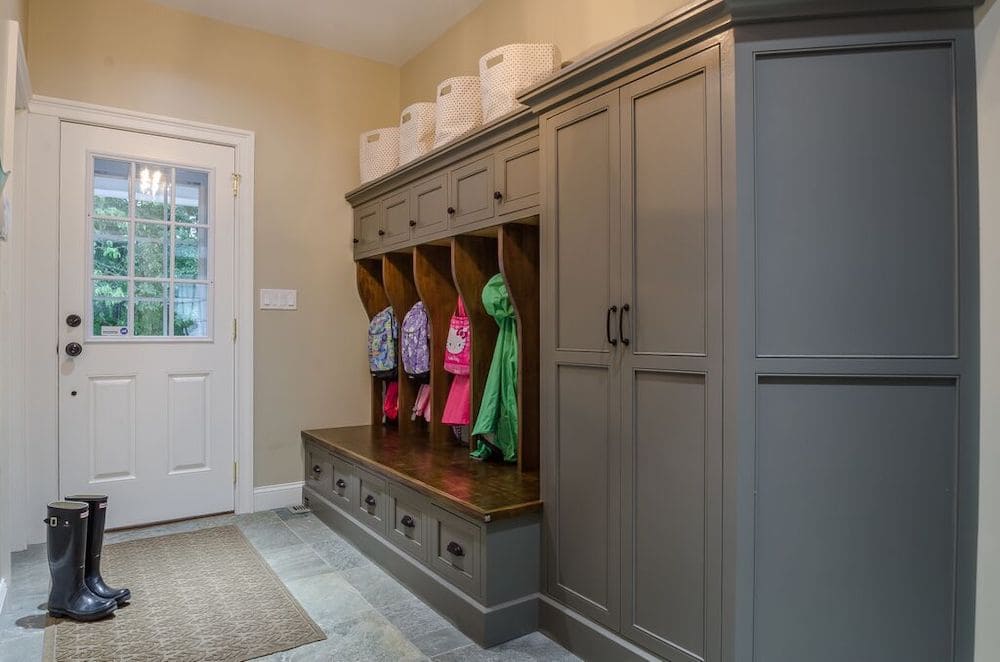 Mudroom built-in cabinet with pantry cabinet attached.