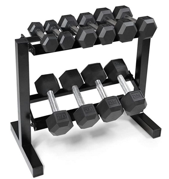 5-25Lb Rubber Coated Hex Dumbbell Set with Two Tier Storage Rack