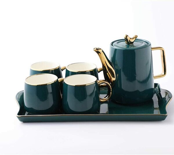 Tea Cup Teapot Set with Tray, Emerald Ceramic