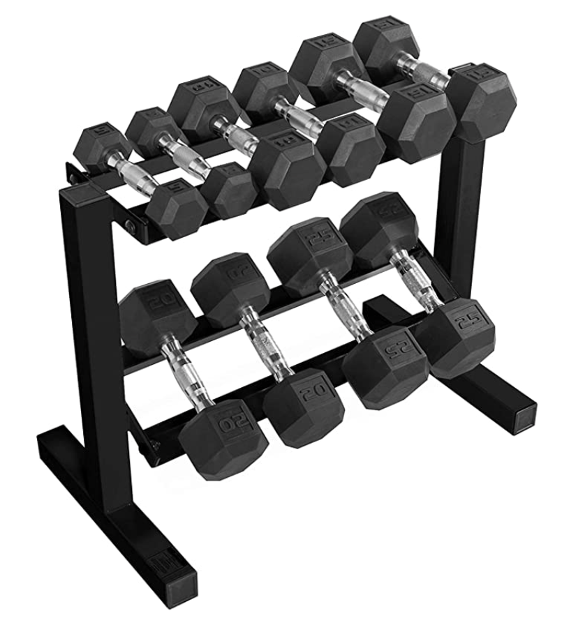 WF Athletic Supply 5-25Lb Rubber Coated Hex Dumbbell Set with Two Tier Storage Rack